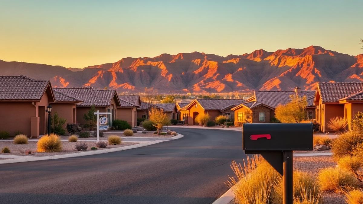 Illustration of an Arizona residential neighborhood with mailboxes at sunset
